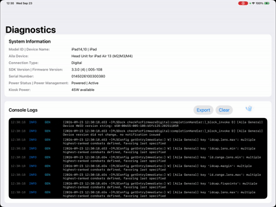 Diagnostics app showing a system information table above a scrolling SDK log console