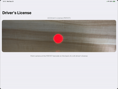 Driver's License Parsing app showing the camera preview and parsed license fields grouped in sections