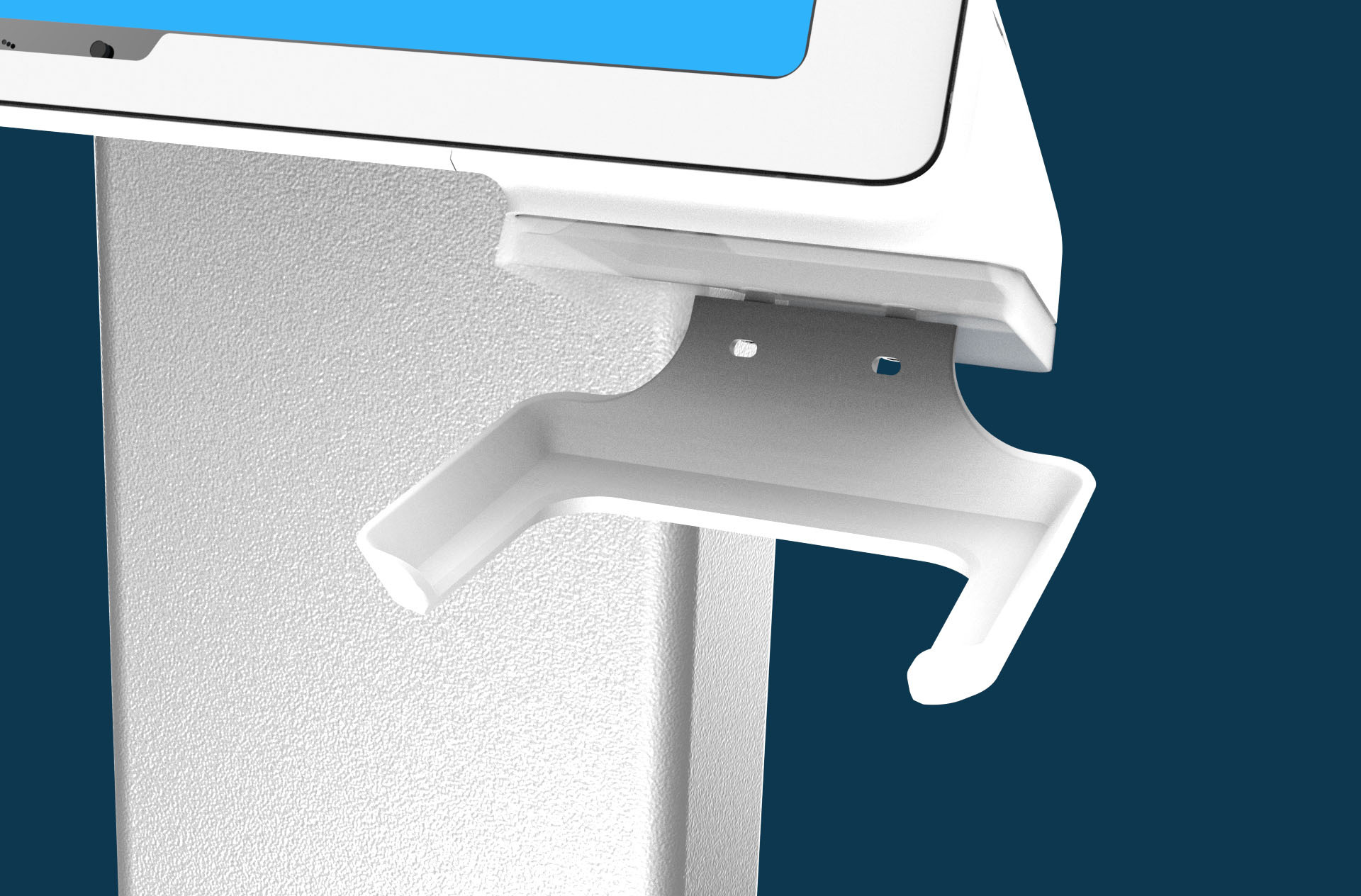 Render of the ID Tray accessory mounted beneath the head unit of an Aila Interactive Kiosk