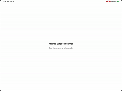 Minimal Barcode app scanning a barcode and showing its type and data