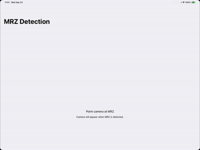 MRZ Detection app showing the camera preview appearing after a document is detected