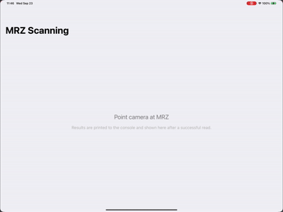 MRZ Scanning app showing parsed passport fields, raw MRZ lines, and JSON