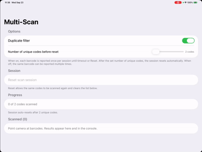 Multi-Scan app collecting several barcodes with the duplicate filter on